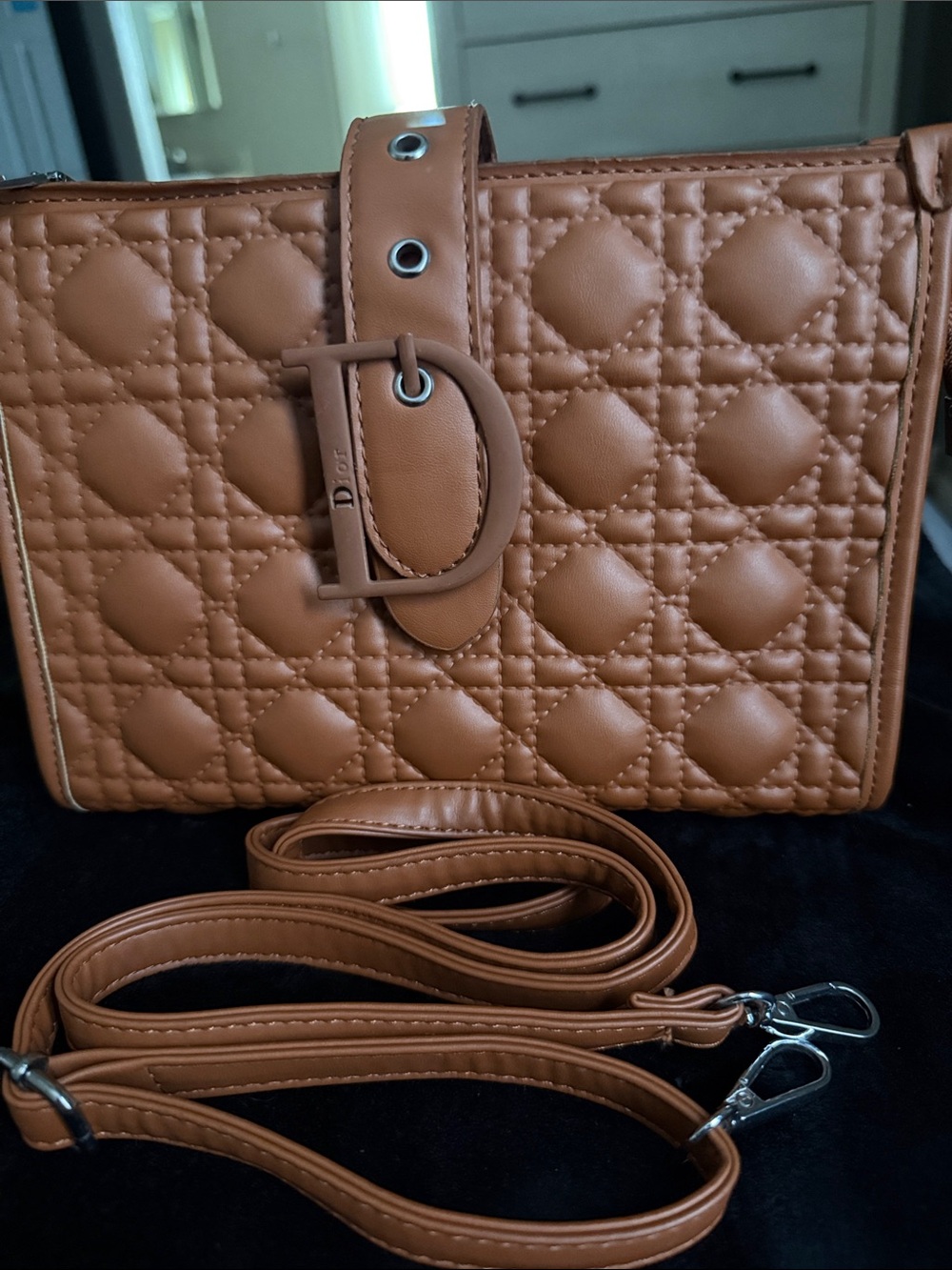 Brown Quilted Crossbody Shoulder Bag with D Buckle Detail